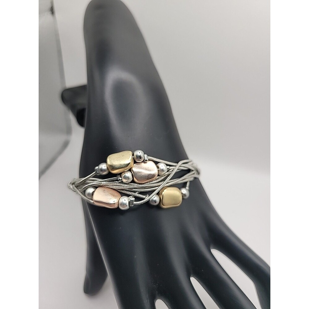 Vintage‎ Multi Strand Cable Bracelet Silver Tone Gold Rose Tone Magnetic Clasp